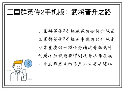 三国群英传2手机版：武将晋升之路